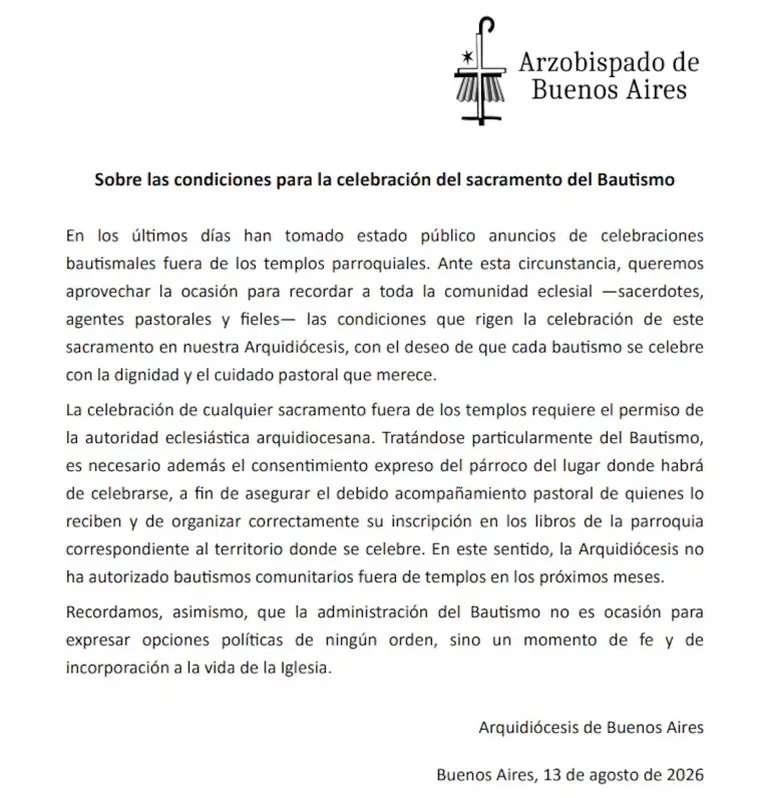 La Iglesia rechazó los bautismos frente a la casa de Cristina Kirchner